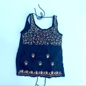 L.S.I. Black Open-Back Tank Top With Gold Embroidery, S/M